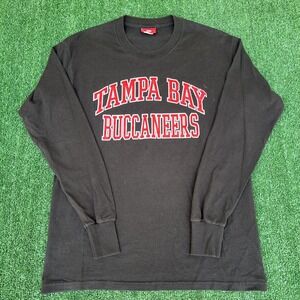 VTG Tampa Bay Buccaneers T-Shirt Mens Medium Black Long Sleeve Spellout NFL Y2K